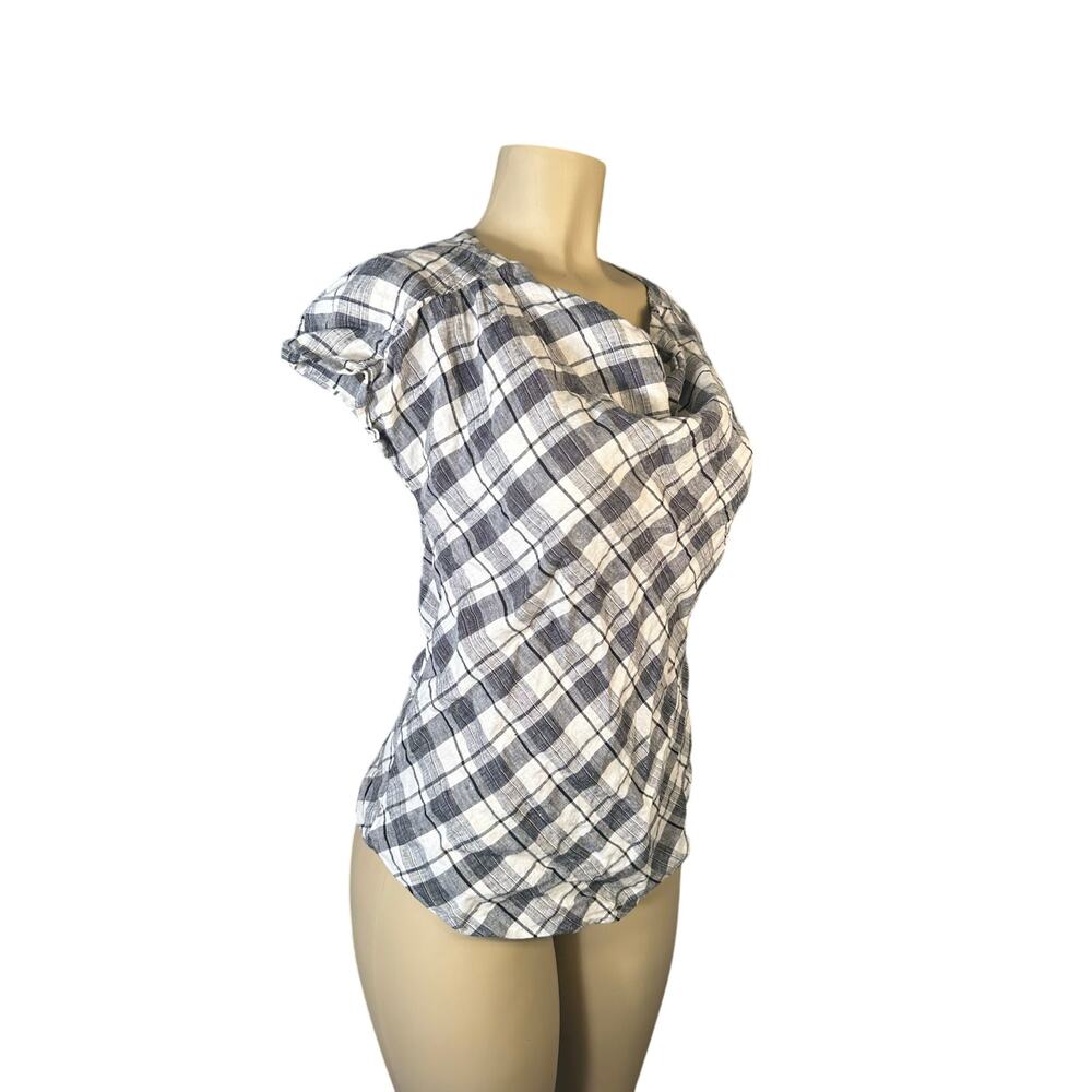 Women XS Rogan Target Cowl Neck White Black Plaid Short Slv Blouse Top Linen